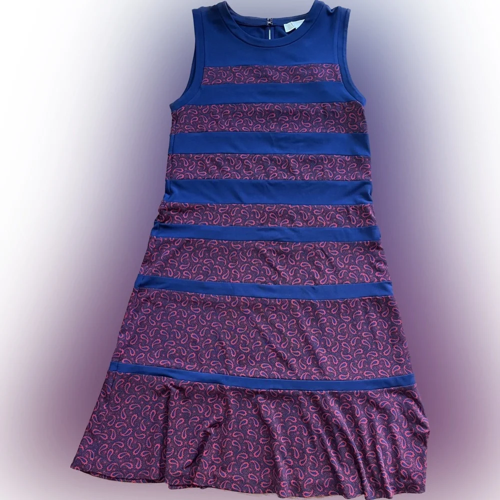 Michael Kors Paisley Paneled Stretch Shift Dress Stripe Navy & Red Women’s PM